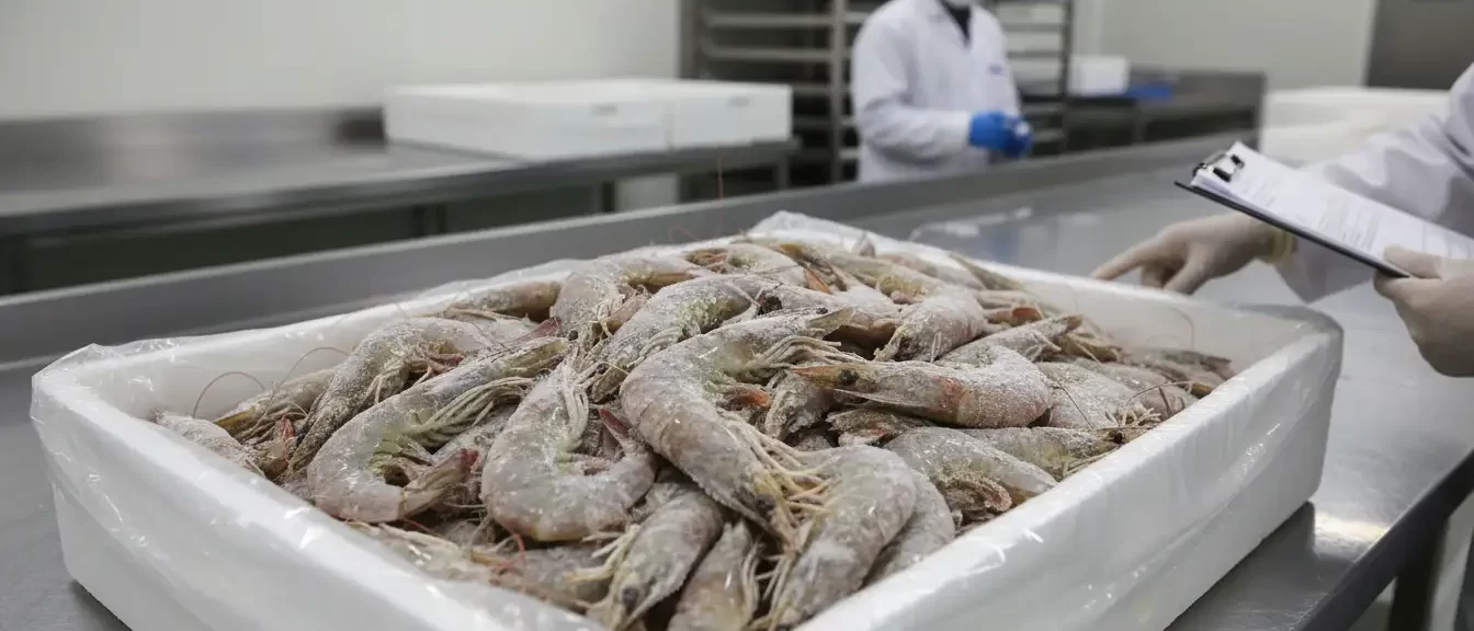 Quality inspection of export-grade frozen Vannamei shrimp in a cold-chain processing facility